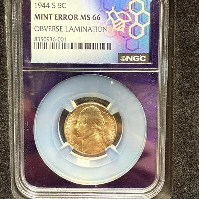 1944S NCG MS 66 War Nickel Mint Error Obverse Lamination Silver