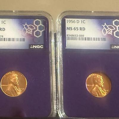 Lot: (2) NGC MS 65RD 1958 D  & 1956 D Wheat Penny .01c
