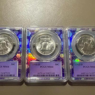 Lot: (3) PCGS MS 64 1957 & 1960D & 1963D Franklin Half Dollars