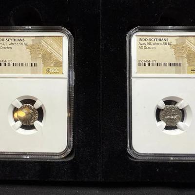 Lot: (2) NGC Ancient Authentic INDO-SCYTHIANS AR Drachm Silver