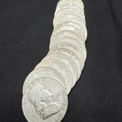 (20) Franklin Silver Half Dollars 90% Silver Circulated Various Years 