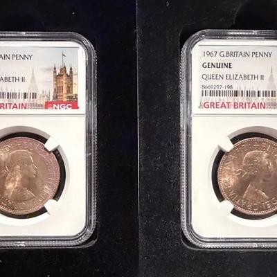 Lot: (2) 1967 G.Britain Penny - NCG Genuine Queen Elizabeth II