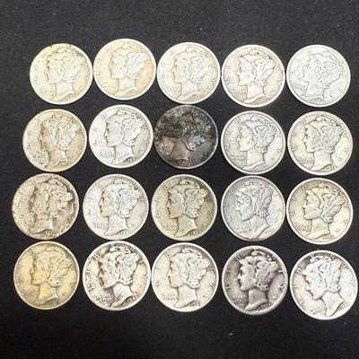 Lot: (20) Mercury Dimes Circulated Misc. Years Silver