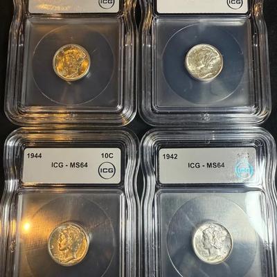 Lot (4) Mercury Dime ICG MS 64 Silver (3) 1944 & (1)1942