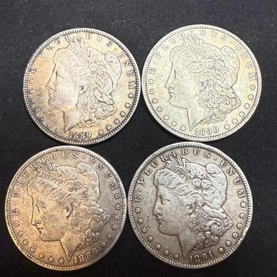 Lot: (4) Morgan Dollars  1889, 1886, 1890 & 1891 Silver 