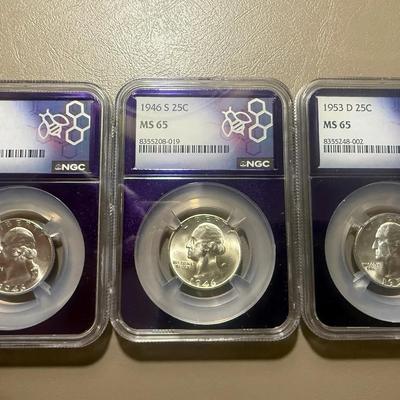 Lot: (3) NGC MS65 Silver Washington .25c 1946 & 1946S & 1953D