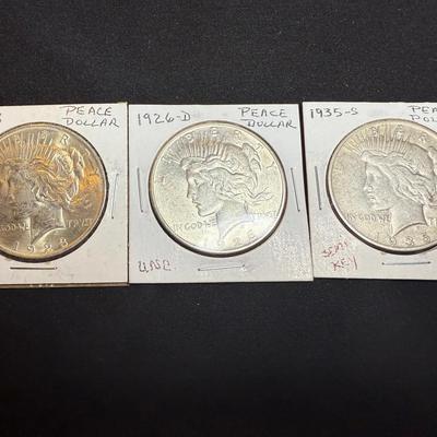 Lot: (3) Peace Dollars 1923 & 1926D & 1935S Silver