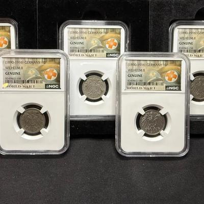 Lot: (5) NGC Genuine 1890-1916 Germany 10P Wilhelm World War 1
