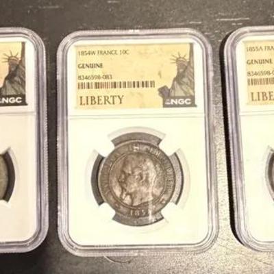 Lot: 3 Coins-NGC Genuine 1853BB, 1854W, 1855A France 10C