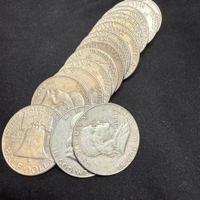 (20) Franklin Silver Half Dollars 90% Silver Circulated Various Years 