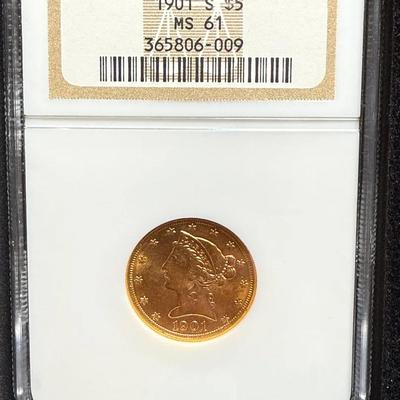 1901-S $5 Liberty Head NGC MS 61  Approx. 1/4th Oz Gold