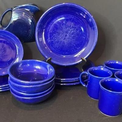 Fiesta Pitcher And Blue Dinnerware 