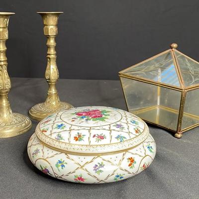 Brass Candleholders And Trinket Box