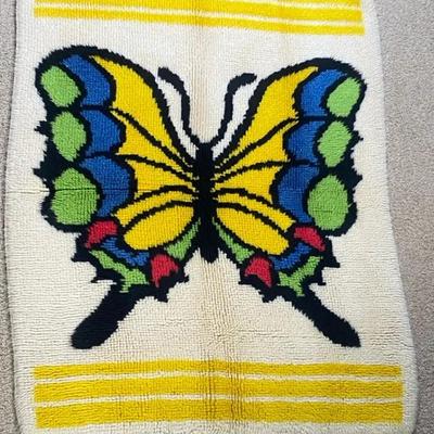 Vintage Latch Hook Rug Lot of 2 – Butterfly & Abstract Shag Designs – Handmade Textile Wall Hangings