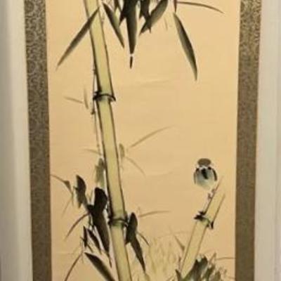 PPM122 Chinese Brushstroke Painting Hanging Scroll Of Bird On Bamboo 