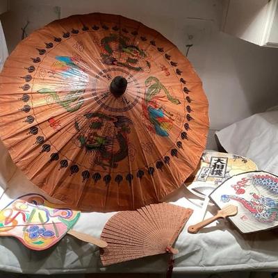 PPM132 Asian Umbrella, Fans & Wooden Scroll Box