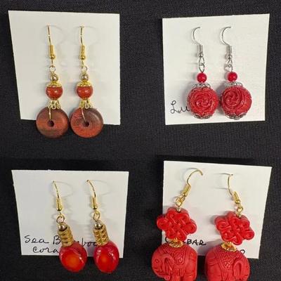 EHE163 Myrna Lee Chang Wood and Sea Bamboo, Lucite, Cinabar, Sea bamboo coral Earrings 