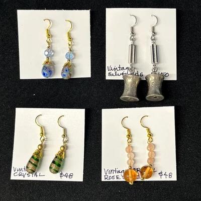 EHE142 - Myrna Lee Chang Crystal Bead, Rose Quartz, Vintage Silver, & Hand Made Glass Earrings