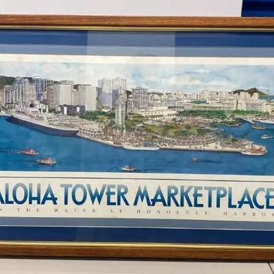 EHE329 - Rare Koa Framed Print of Oahu's Aloha Tower Marketplace Winning Design Signed by Architect