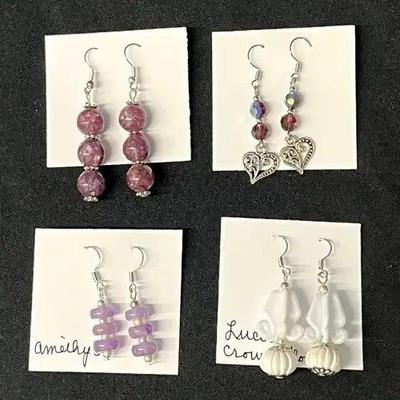 EHE183 - Myrna Lee Chang Amethyst , White Crown Flower Molded Bead, Purlpe Crystal, & Bead Earrings