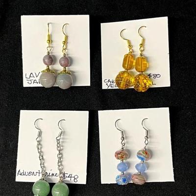EHE141 - Myrna Lee Chang Carved Crystal, Adventurine, Lavender Jade, & Hand Made Glass Earrings