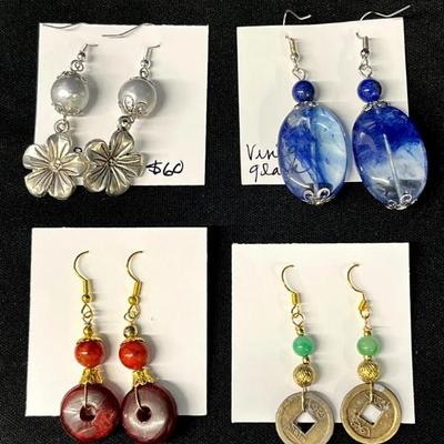 EHE182 - Myrna Lee Chang Fresh Water Pearl, Blue Glass, Aisian Coin, & Red Bead Earrings