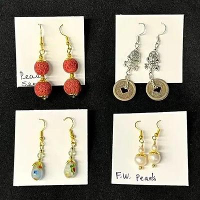 EHE173 - Myrna Lee Chang Peach Seed, Fresh Water Pearl, Pewter Frog, & Handmade Glass Bead Earrings