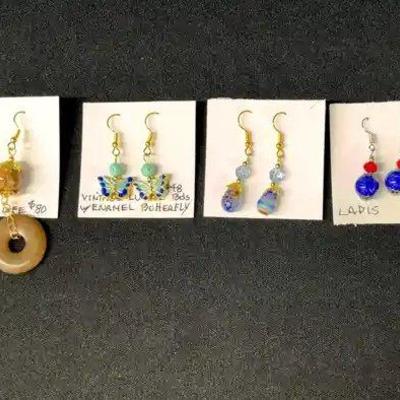 EHE143 - Myrna Lee Chang Jade, Ladis, Enamel Butterfly, & Hand Made Glass Earrings