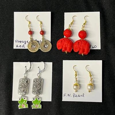 EHE166 - Myrna Lee Chang Coral, Fresh Water Pearl, Red Elephant, & Enamel FrogEarrings