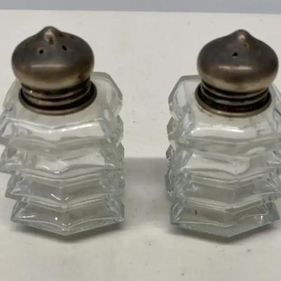 EHE319 - Pair of Antique Art-Deco Glass Salt & Pepper Shakers w/Sterling Silver Tops