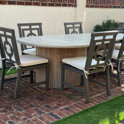 Arhaus Outdoor Metal Chairs with cushions: 39"H x 19"W x 21"D

$395 each / 6 chairs avail
