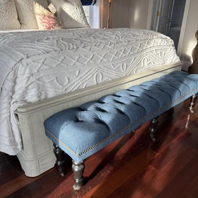 Pottery Barn Blue Bench on Castors
17"H x 69"W x 14"D 
$525