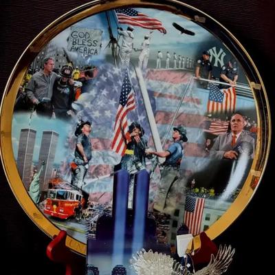 Lot 136:  United We Stand 9/11 Commemorative Collection – Danbury Mint Plate & Patriotic Eagle Sculp