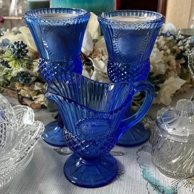302: Vintage Avon & Pressed Glass Serveware Lot – Ruby Red & Cobalt Blue Glass, Candy Dishes & Trays