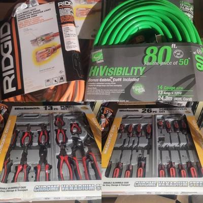 New - Plier & Screwdriver Sets, Extension Cords 25 & 80 Ft