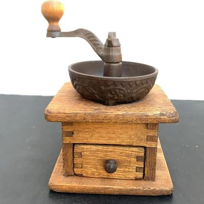 Antique Wooden And Cast Iron Coffee Grinder 