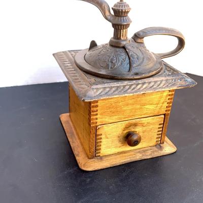Antique Wooden And Cast Iron Coffee Grinder 
