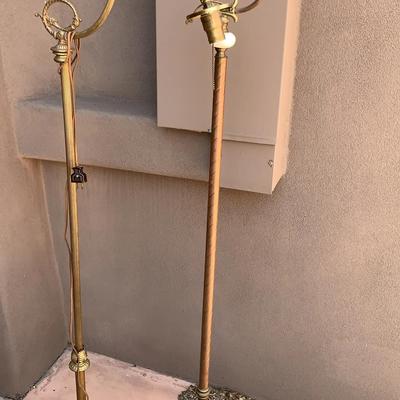 Lot Of 2 Antique Copper And Brass Bridge Arm Floor Lamps 