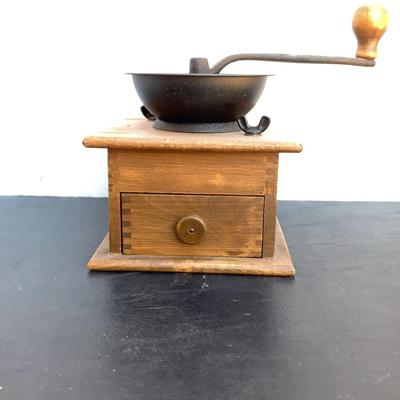 Antique Wooden And Cast Iron Coffee Grinder 