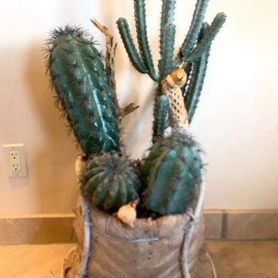 Native American Handmade Tree Bark Basket With Faux Cactus