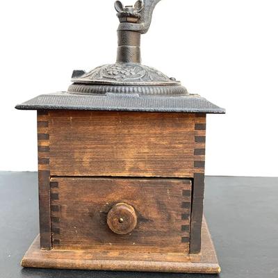 Antique Wooden And Cast Iron Coffee Grinder 