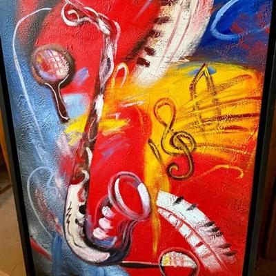 Framed abstract acrylic painting on canvas depicting a saxophone, keyboard and musical notes, signed 