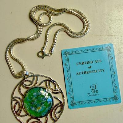Paz Creations sterling silver necklace with circular cabochon Roman glass pendant 