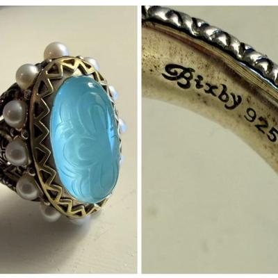 Bixby 925 Sterling Silver 18K Gold Aquamarine and Pearl Ring 
