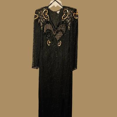 Vintage Style Black Gold BEADED Evening Dress