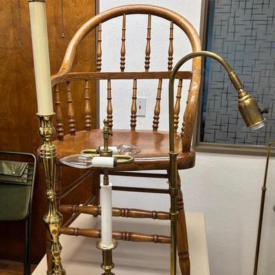 3 Ornate Vintage Brass Lamps And Spindle Back Captain’s Wooden Armchair 
