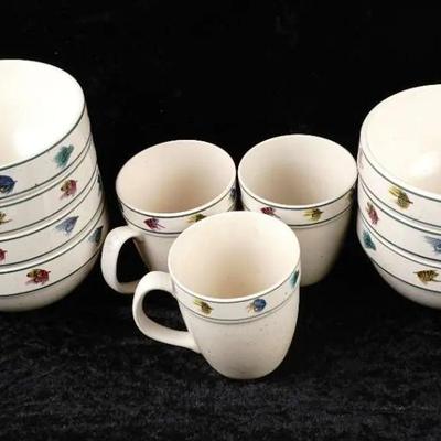 Folkcraft Rainbow Trout Stoneware Set by Scotty Z - 6 Bowls & 3 Mugs