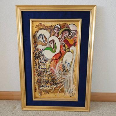 Naguib Mahmood Signed Original Mixed Media on Wood Painting – Gold Leaf Style Art – Gilded Frame Statement Wall Art