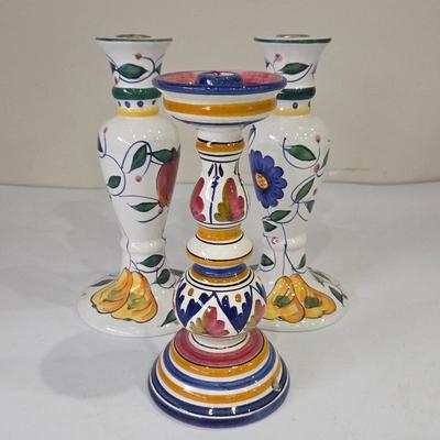 Hand-Painted Ceramic Candlesticks – Colorful Folk Art Pottery – Decorative Candle Holders – Artisan Painted Set