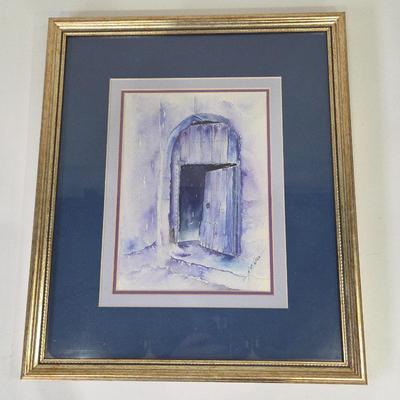  Signed Original Watercolor Painting From Dubai – Blue Arched Doorway – Gilded Frame Wall Decor